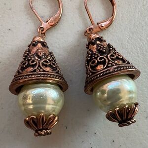 Vintage Style Scrolled Copper and Freshwater Pearl Drop Lever Back Earrings